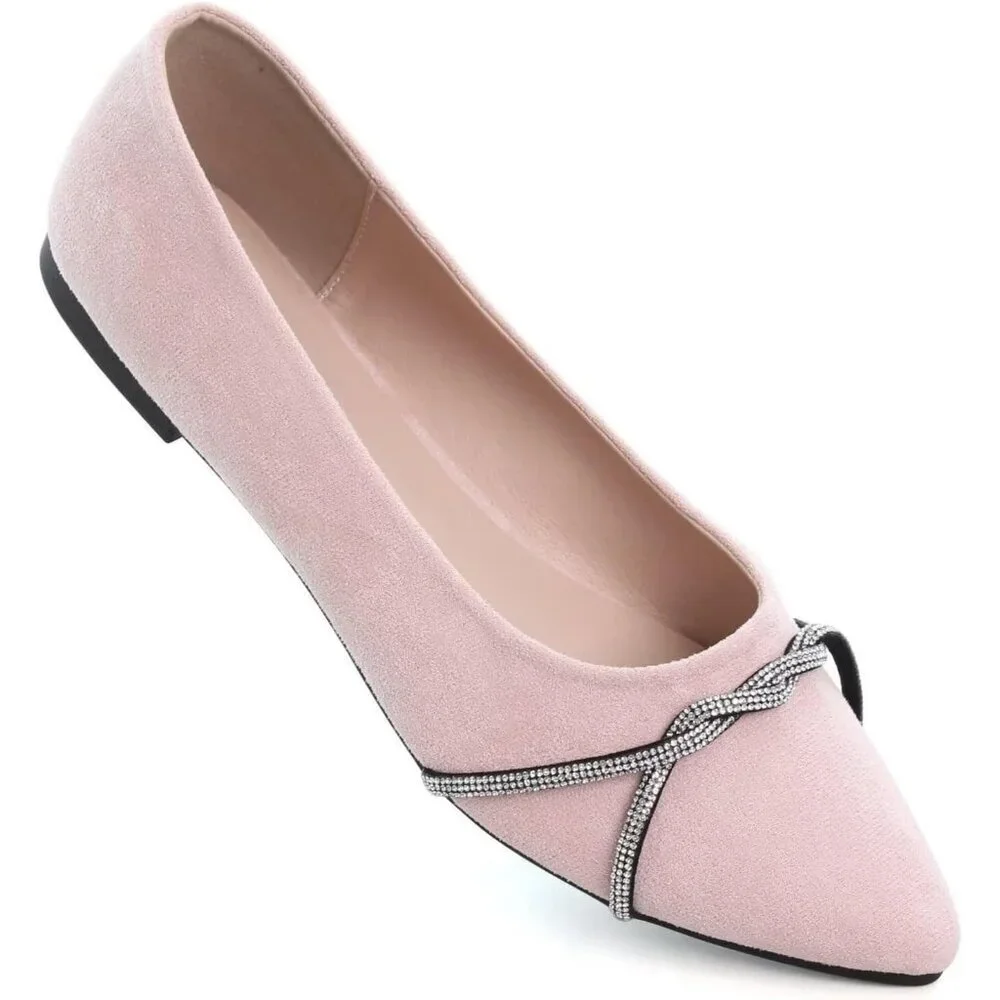 Women's Light Pink Casual Flats Fashion Chain Pointed Toe Ballet Flat Rhinestone